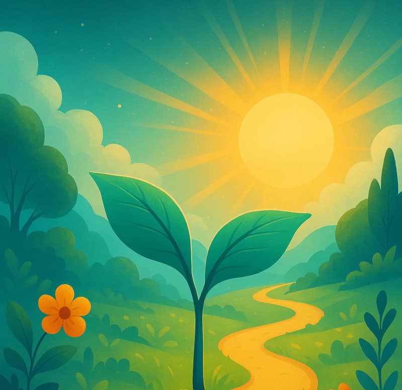 image représentant un chemin illuminé et une pousse de plante en pleine croissance