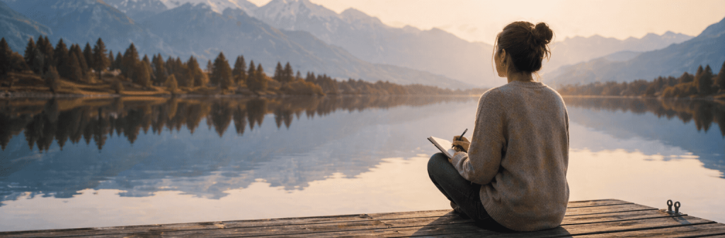 jeune fille au bord d'un lac en plein moment d'introspection