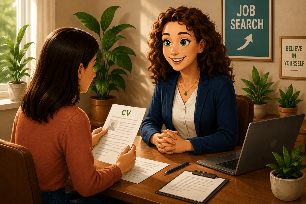 séance d'atelier entre une personne à la recherche d'un emploi et une consultante