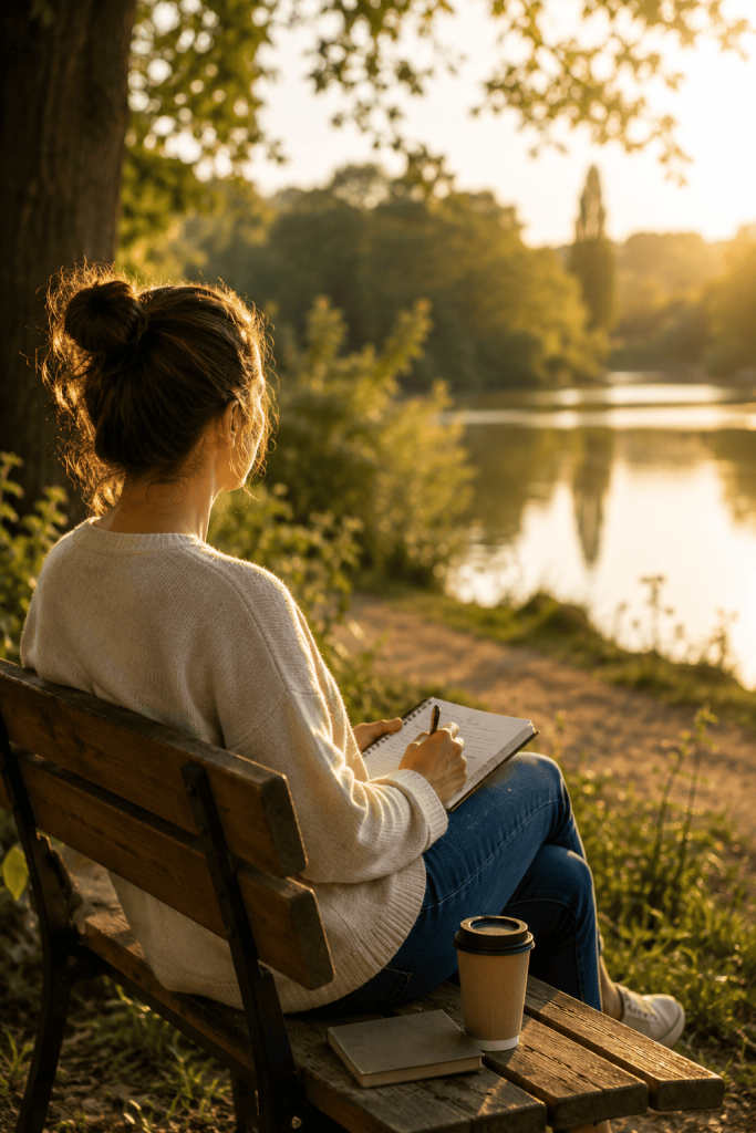 fille sur un banc avec son carnet en pleine introspection